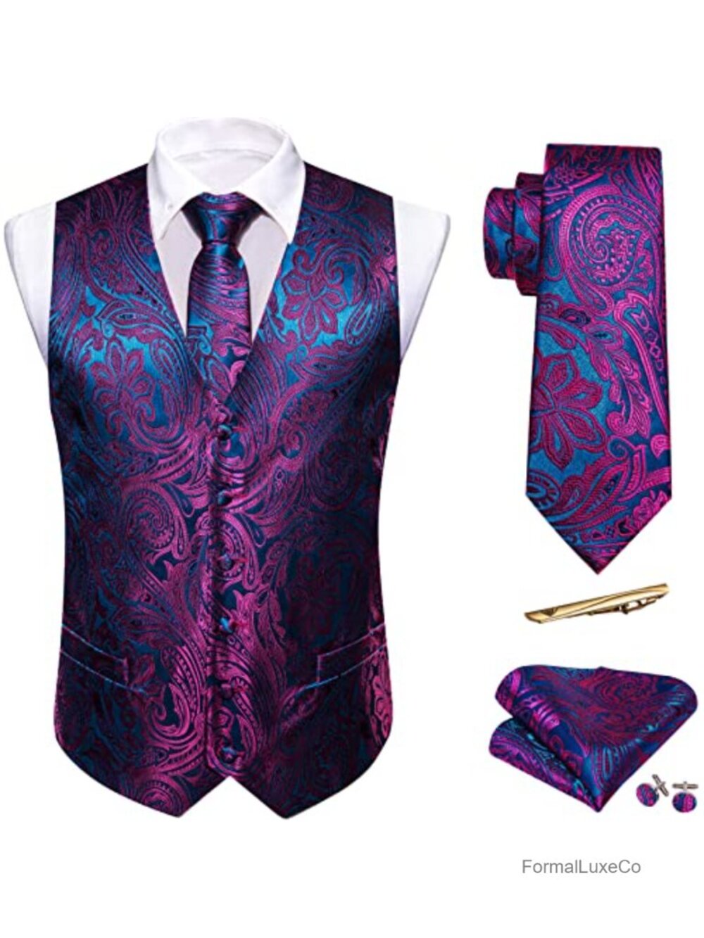 Men's Floral Silk Waistcoat Tie Set 5 Piece Formal Vest